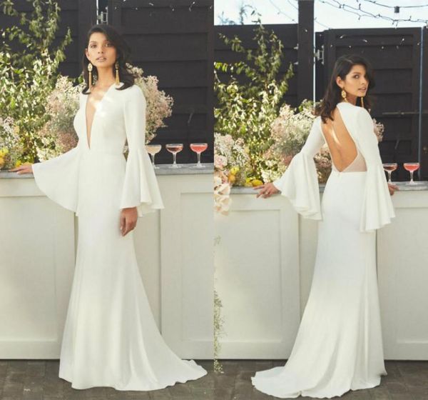 

2019 bhldn beach wedding dresses deep v neck sweep train hollow back bell long sleeves wedding dress custom elegant bridal gowns g2878478, White