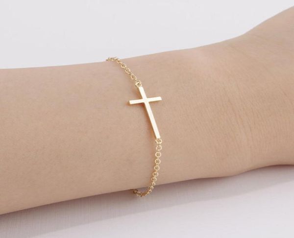 

1 geometric horizontal sideways cross religion pendant charm bracelet simple tiny small faith christian lucky woman mother men034722097, Golden;silver