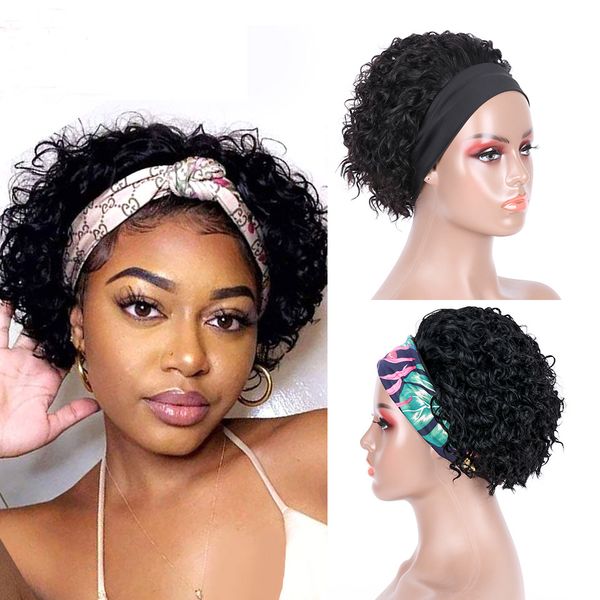

short curly pixie cut headband wig water wave remy brazilian human hair scarf wigs for black women glueless machine made wig, Black;brown