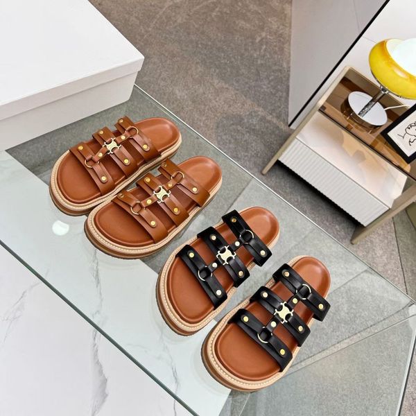 

lightly luxe flat platform slide slippers triomphe embellished leather sandals open toes shoes luxury designer for women holiday flats sanda, Black