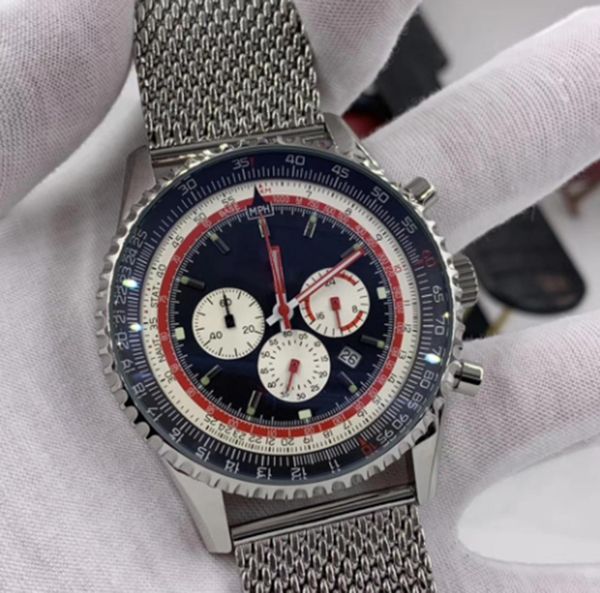

46mm black dial quartz chronograph watch breit and ling mens watches luminous index wristwatches with slide rule markings around the outer r, Slivery;brown