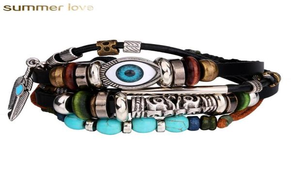 

fashion turkey blue eyes leather bracelets beaded braided alloy hand for men and women bracelets lucky whole jewelry gift7303574, Golden;silver