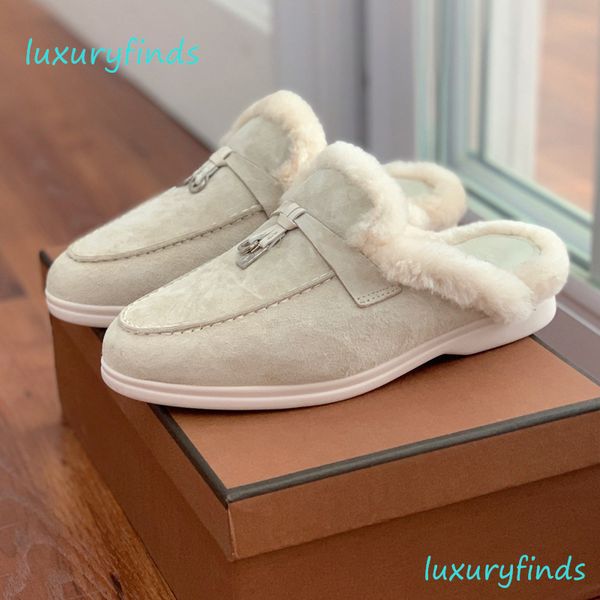 

mules wool slippers 100% real suede shoes luxury flats loafers men women moccasin designer shoes classic buckle soft sole elastic beef tendo, Black