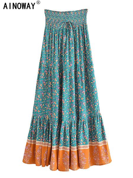 

skirts vintage fashion women's flower print beach bohemian pleated leather artificial silk cotton elastic high waist bohemian maxi leat, Black