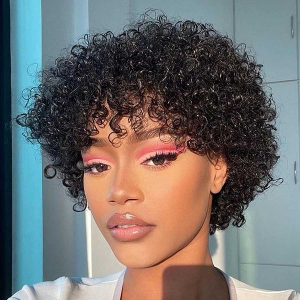 

hair wigs voluminous fluffy pixie cut short curly human with bangs machine made real 230412, Black