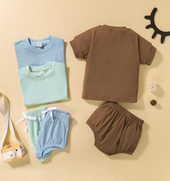 

clothing sets toddler baby suit solid color round neck short sleeve patchwork bandage shorts girl boy set6267682, White