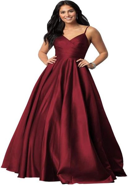 

women039s spaghetti strap a line v neck satin prom dress long evening formal party dress ruched bodice9607163, Black;red