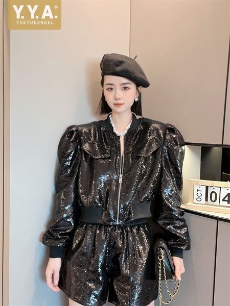 

women s tracksuits fashion bling sequined jacket shorts two piece party nightclub long sleeve short coat wide leg female 230411, Gray