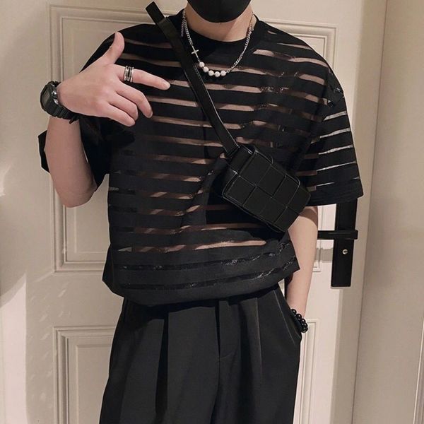 

mens tshirts lace transparent breathable party short sleeve oversized t shirts men arrival korean harajuku fashion clothing casual 230412, White;black