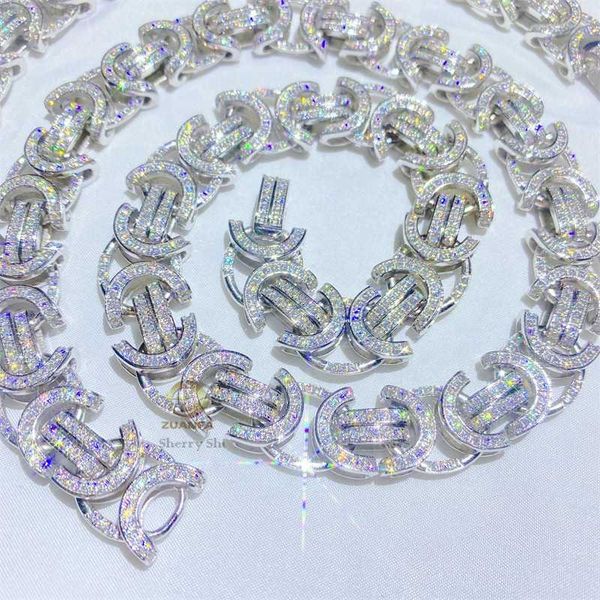 

custom made vvs moissanite 15mm iced out moissanite lab diamonds diamond byzantine chain, Silver