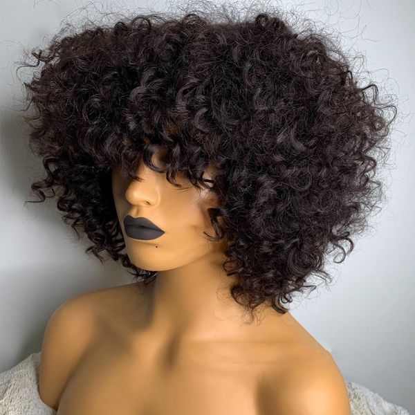 

Short Curly Bob With Bangs Water Wave Human Hair Wigs For Women Pre Plucked Peruvian Glueless None Synthetic Lace Front Wig, Black color like picture show