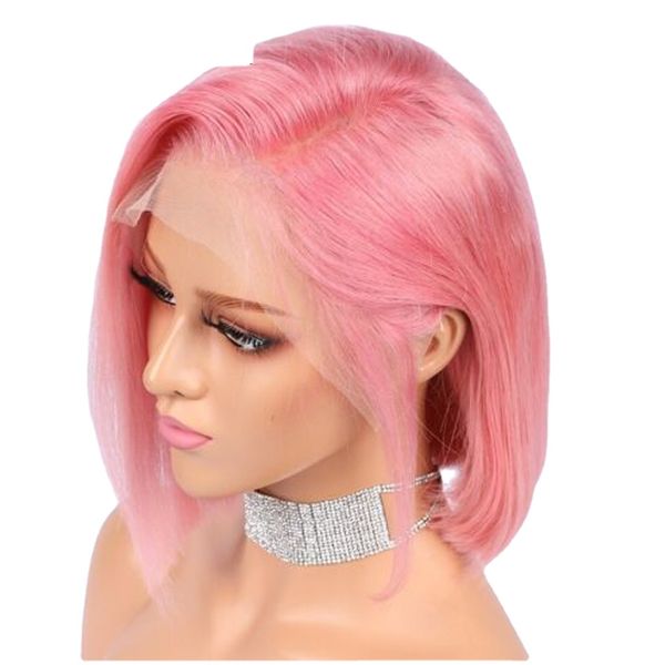 

pink short bob hair glueless lace front human hair wig pink human hair wigs for women pre-plucked transparent lace front bob wig, Black;brown