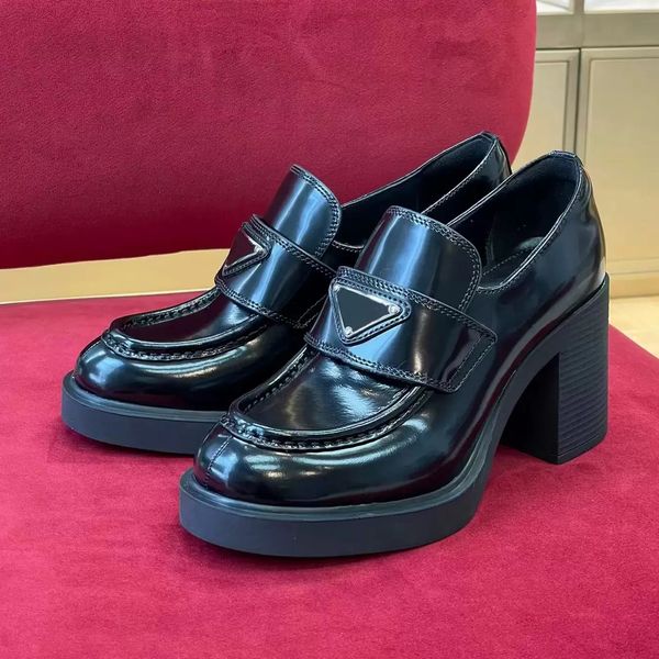 

pattern fashion dress shoes women wedding party quality leather 80mm high heel flat shoe business formal loafer social chunky with original, Black