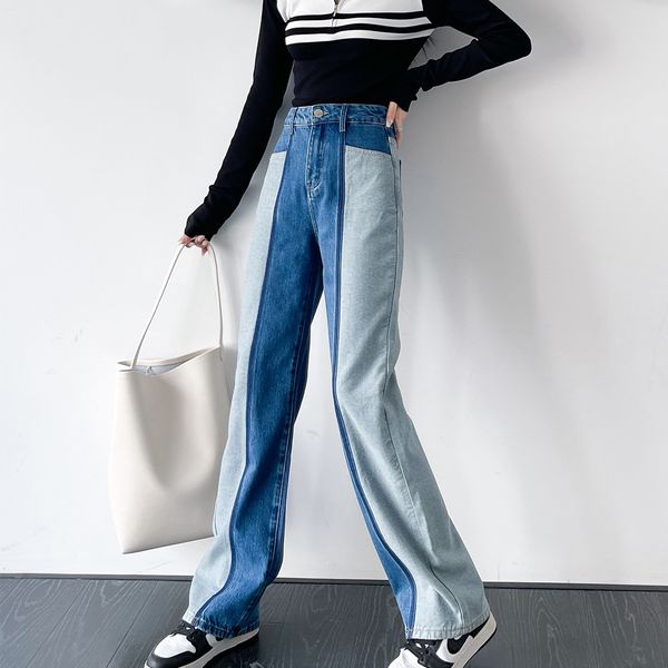 

women's jeans contrast color straight tube denim pants girl's spring mid high waisted versatile loose autumn simple retro casual d, Blue