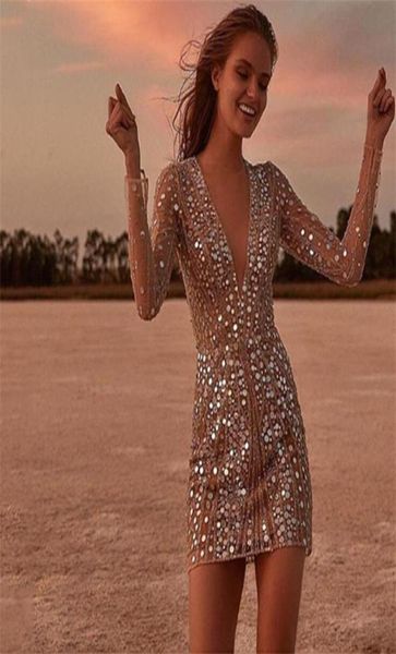 

sequined cocktail dresses long sleeves illusion deep v neck party celebrity dress short prom evening gowns club wear3641839, Black