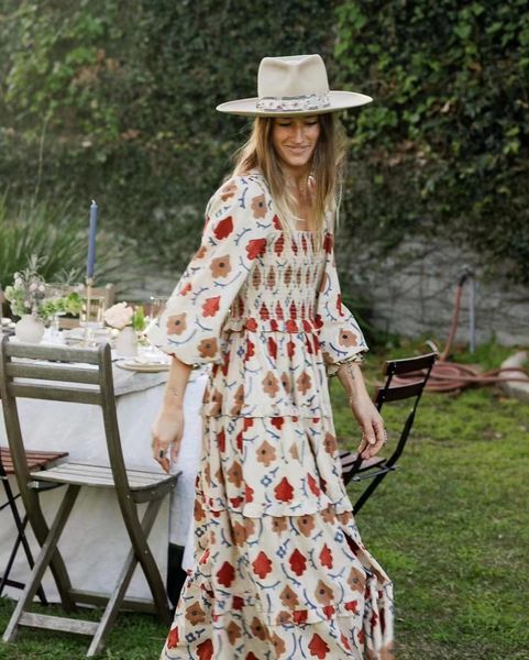 

runway dresses 2023 nordic pastoral style bubble sleeve color printing organic cotton long dress, Black