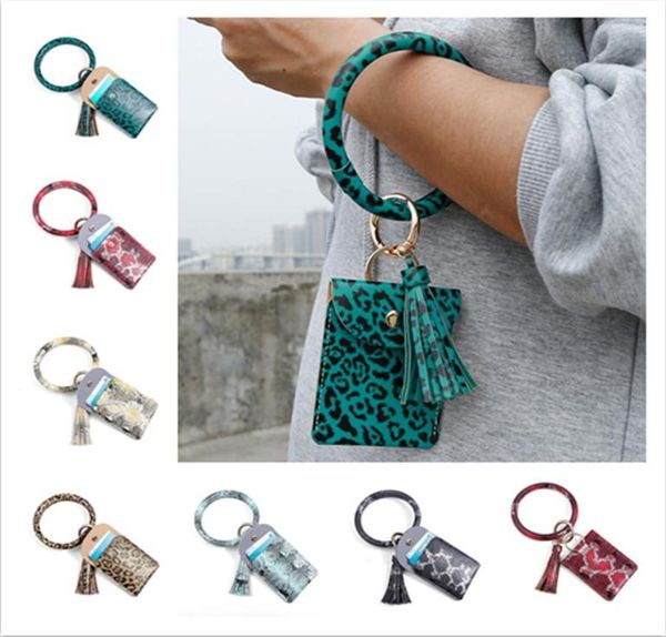 

circle bangle wristlets wallet coin purses tassels keychain card holder bag women leopard pu leather bracelets key chain zero wall8332987, White