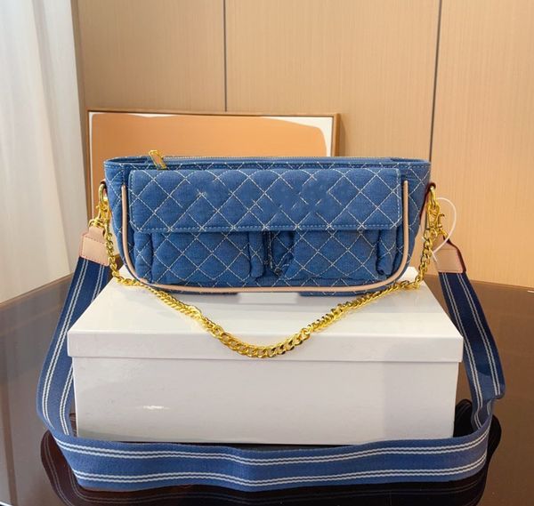 

crossbody 2023 denim women's bag blue double pockets with imported hardware street scool sports wind 30cm