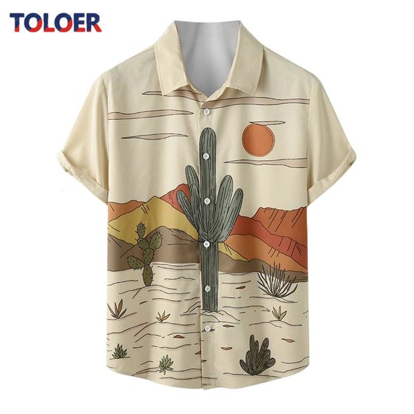 

mens tshirts 2023 summer hawaiian shirt designer men cactus desert landscape print tropical plant short sleeve vintage camisas 230412, White;black
