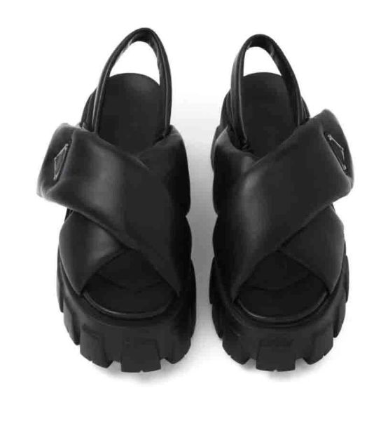 

summer women wedge sandal platform shoes monolith brushed leather sandals foam light rubber lug tread sole luxury design with box 35-42, Black