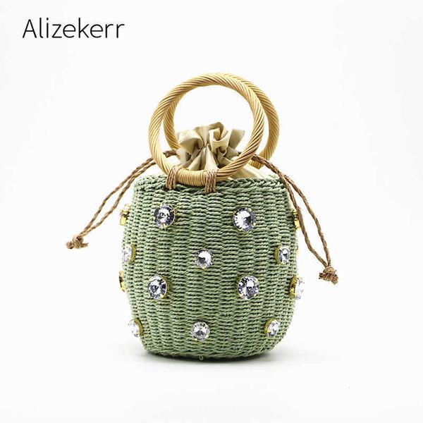 

evening bag crystal diamond straw bag women new summer rattan ring handle wove