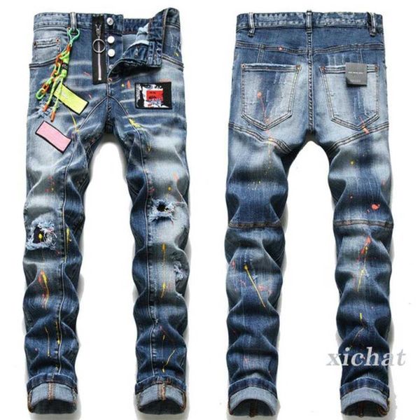 

men's jeans men slim fit ripped badge hole destroyed skinny straight leg washed frayed motocycle denim pants hip hop stretch biker dist, Blue