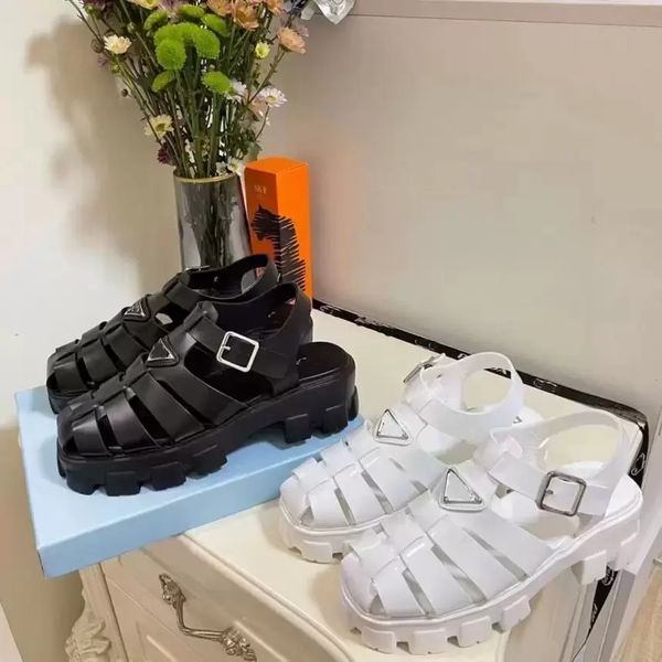 

foam rubber sandals shoes retro beach footwear upper with metal triangle logo buckle slippers sandal loafers muller shoes heat-sealed crysta, Black