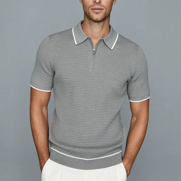 

men's polos casual slim fit solid knitted men's summer fashion polo shirt with polo collar zipper men's fashion short sleeve, White;black