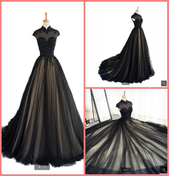 

2021 real picture black champagne tulle a line prom dress high neckline cap sleeve modest lace appliques prom gowns beaded muslim 6485936