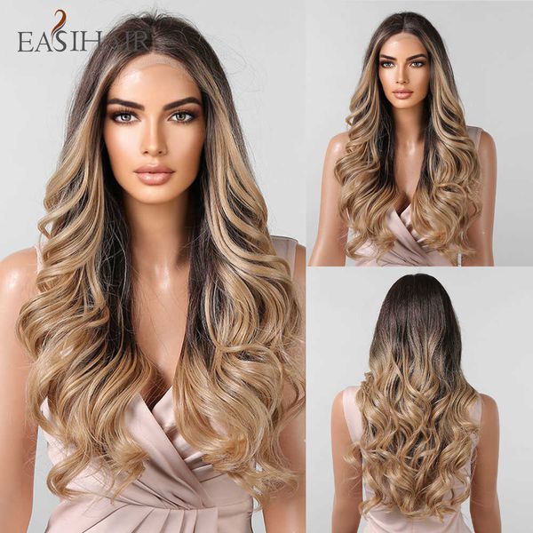 

synthetic wigs easihair brown blonde ombre lace front synthetic wigs long wavy frontal natural wig for women with baby hair cosplay 230227, Black