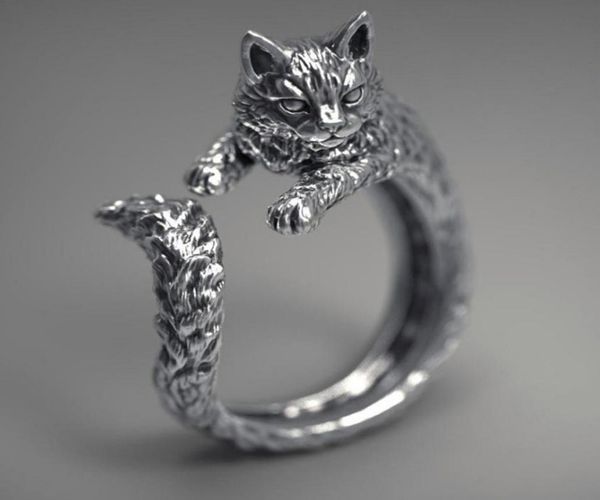 

s1966 fashion jewelry cat ring vintage black sliver opening adjustable cat ring9298255, Silver