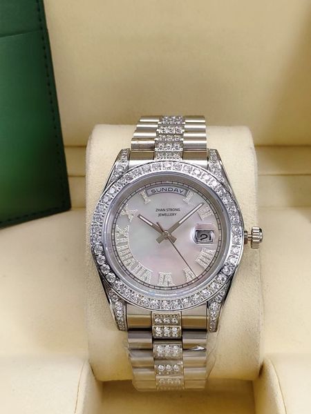 

qualtiy diamond bezel mens wristwatches 41mm fashion automatic mechanical movement men's watch full stainless steel strap sports waterp, Slivery;golden