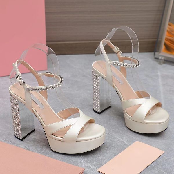 

elegant sandals chunky heel platform wedding shoes 12.5cm high heels rhinestone luxury designer classic dress shoe fashionable silk strap bu, Black