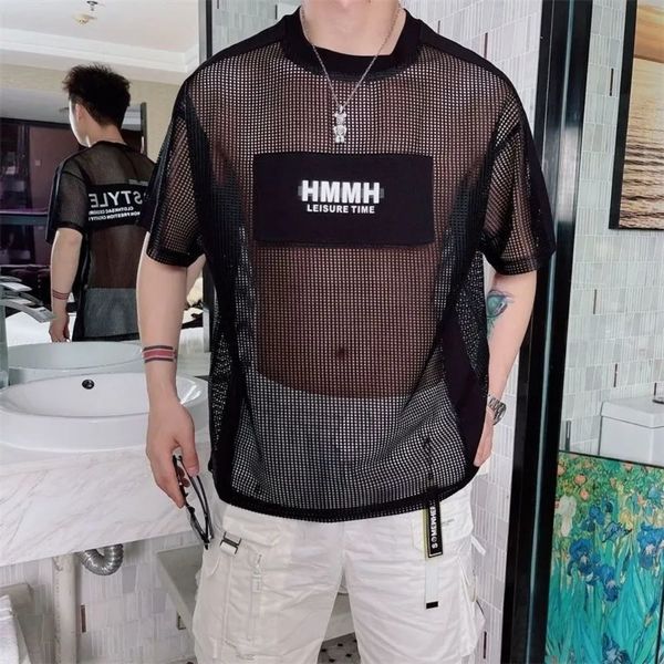 

men s t shirts summer korean version of the trendy grid hollow printing short sleeved fashion all match personality half sleeves 230411, White;black