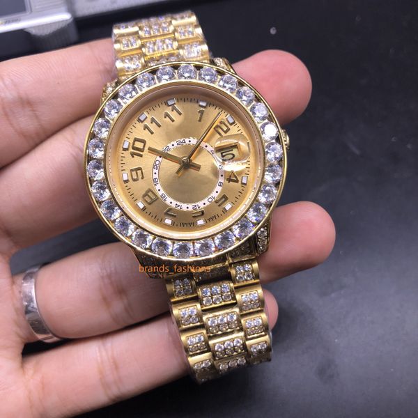 

gold cz diamond men's watches stainless steel hand inlaid diamond watch personalized fashion dial fully automatic mechanical sports wat, Slivery;brown