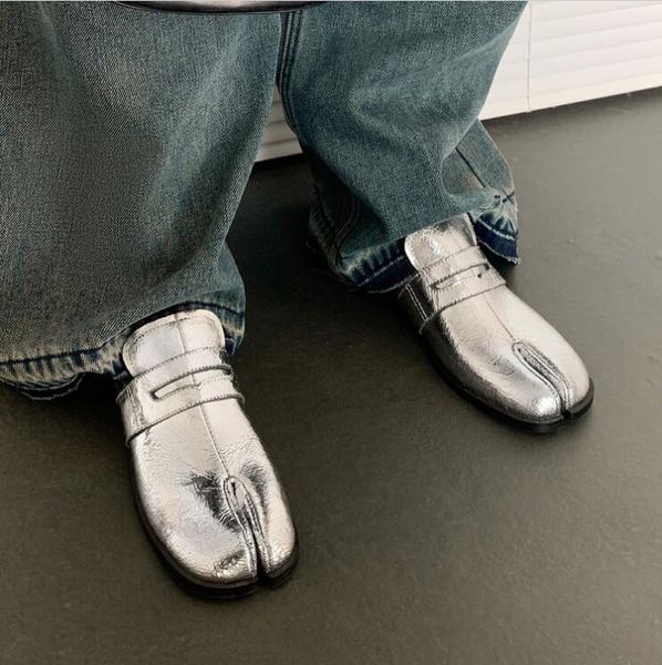 

cow leather split toe shoes black silver vintage low heel womens driving loafers lady office shoes