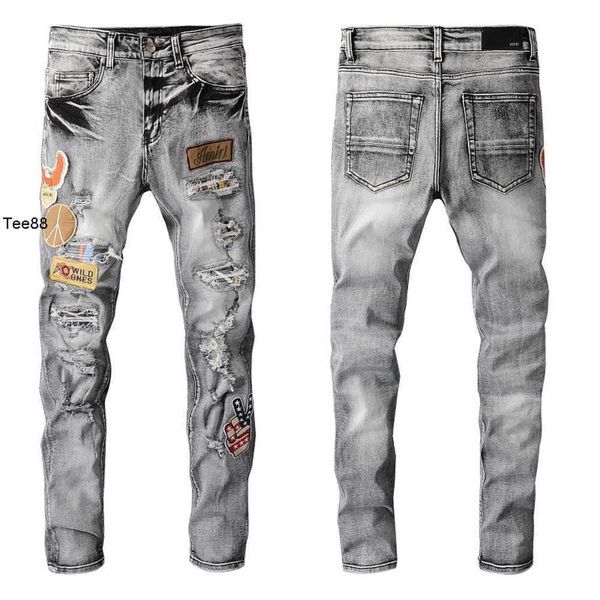 

worn leather amirly washed new man street us out casual pentagram hip label jeans hop high #693, Blue