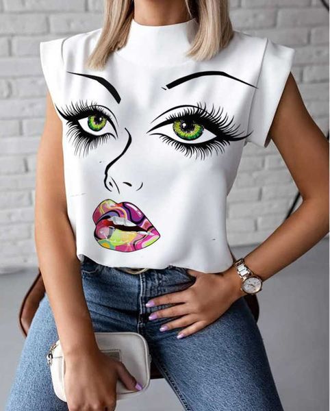 

new womens summer t-shirt stand collar lips printed tees sleeveless ladies acetate size s-2xl, White