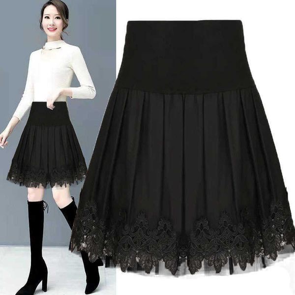 

boutique large women's halfskirt high waist slim poached lace bottom elastic pleated a-line skirt, Black
