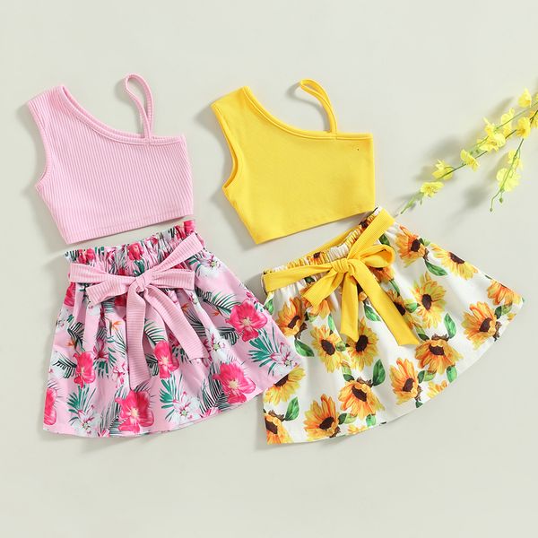 

clothing sets fashion baby girls summer toddler girl clothes sleeveless knit vest floral skirt with belt 3pcs set suit 230412, White