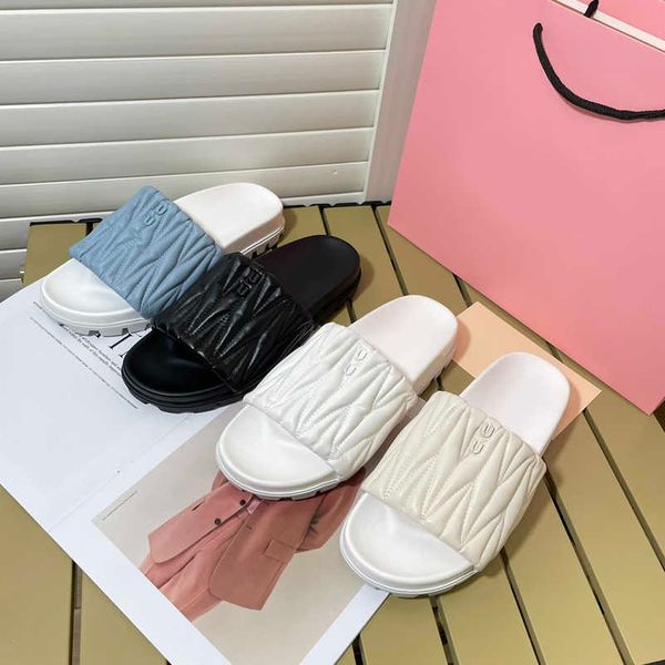 

women slippers 2023 miu matelasse sandal designer flat folds ladies slides summer beach slides luxury brand women dress shoes beach flip flo, Black