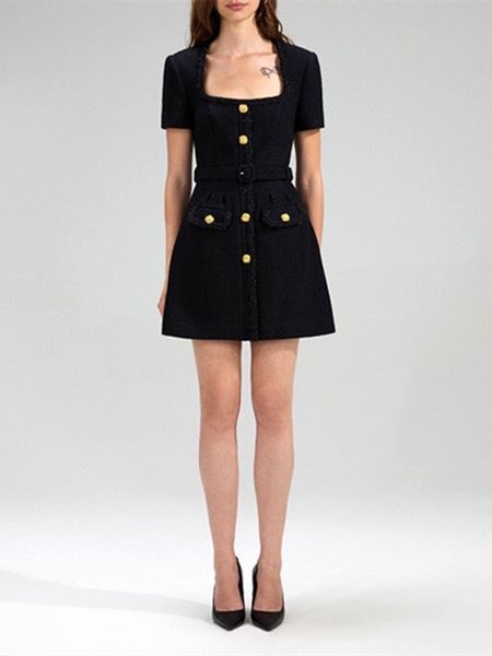 

casual dresses early spring women wool blend dress black square collar temperament short sleeve single breasted female mini robe with sashes, Black;gray