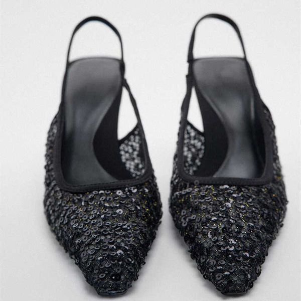 

new sandals women summer sequins high heels pointe toe black heeled slingbacks shoes woman pumps ladies bling stiletto sandal 230406