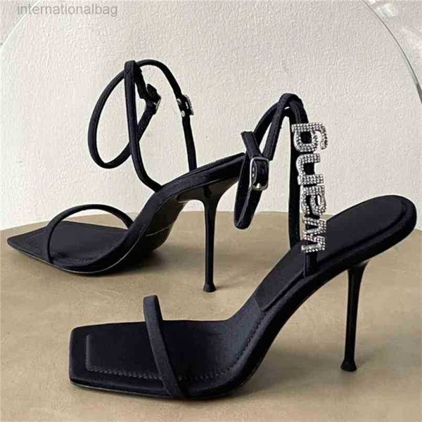 

square toe women sandals crystal letters decor pumps high heels silk wedding dress shoes gladiator sandal 210901, Black