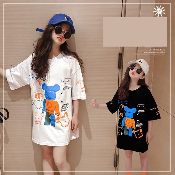 

tshirts summer cotton kids girls long cartoon print short sleeve cotton t shirts 8 10 12 years teenage outfit t shirt dress 230412, Blue