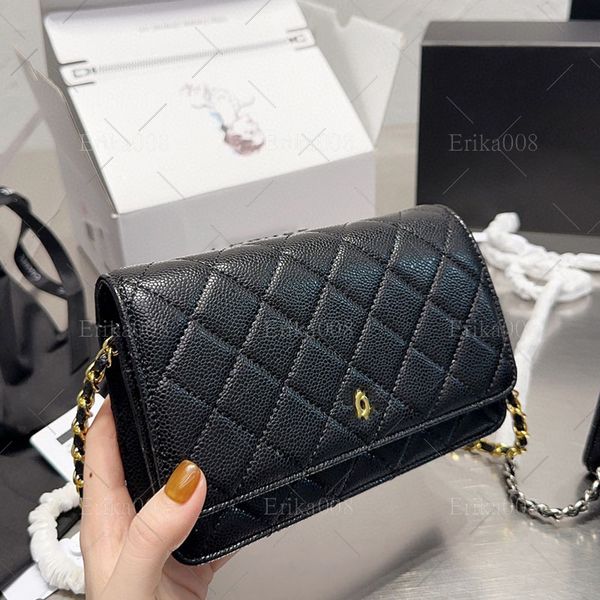 

black vintage crossbody flap bag woc handbag with gold/silver chain - classic calfskin mini shoulder bag and wallet on chain for designer wo