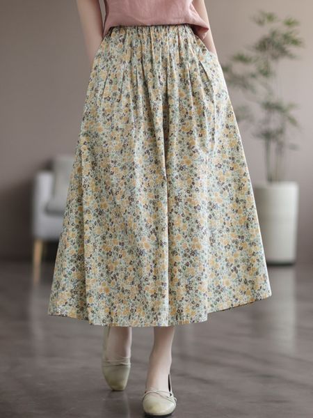 

skirts johnnature women's vintage printed flower skin elastic waist sweetheart summer cotton linen women's casual a-line skiing 23, Black