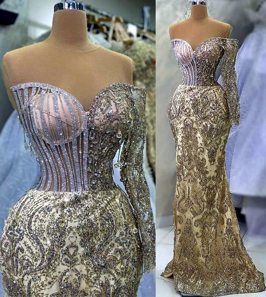 

2023 april aso ebi mermaid gold prom dress beaded crystals luxurious evening formal party second reception birthday engagement gowns dresses, Black
