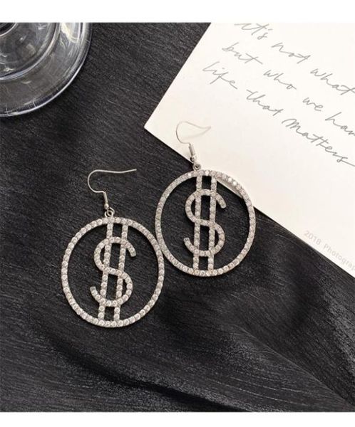 

bling rhinestone dollar drop for women crystal circle dangle earrings gold hook money pendant brincos fashion jewelry 3776 q23589900, Golden