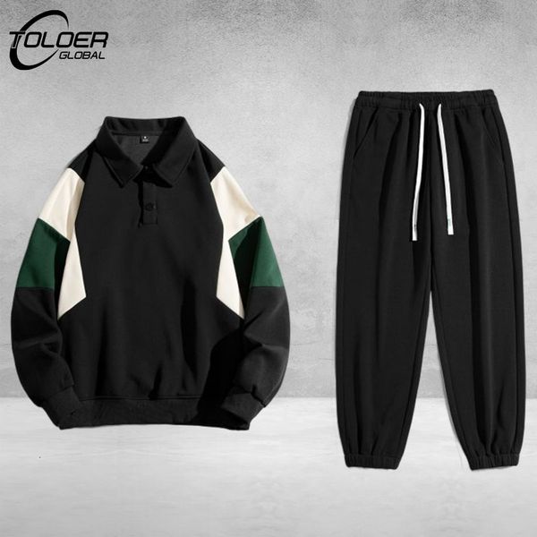 

men s tracksuits 2023 spring autumn men set fashion polo sweatshirt pants sportswear quality loose turn down collar pullover suits patchwork, Gray